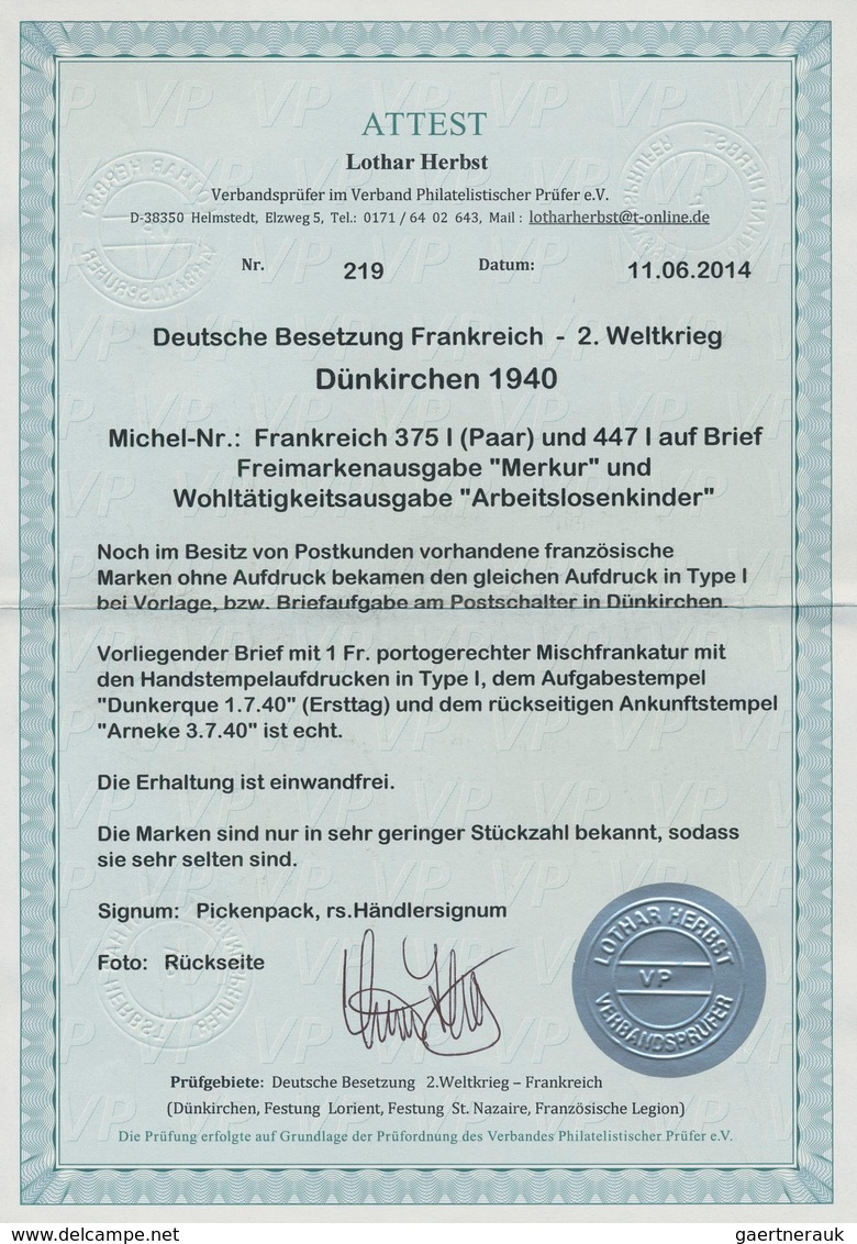 Dt. Besetzung II WK - Frankreich - Dünkirchen: 1940, 5 C Karmin "Merkurkopf", Waagerechtes Paar, Sow - Besetzungen 1938-45