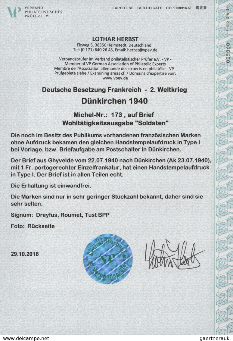 Dt. Besetzung II WK - Frankreich - Dünkirchen: 1940, 1 Fr + 50 C Dunkelgrünlichblau "Soldaten" Mit W - Besetzungen 1938-45