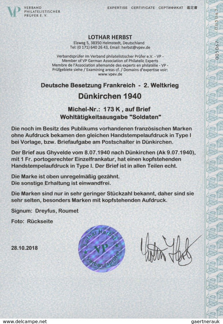 Dt. Besetzung II WK - Frankreich - Dünkirchen: 1940, 1 Fr + 50 C Dunkelgrünlichblau "Soldaten", Mit - Occupazione 1938 – 45