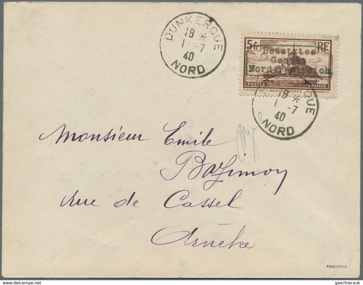 Dt. Besetzung II WK - Frankreich - Dünkirchen: 1940, 5 Fr Schwärzlichsiena "Mont-Saint-Michel", Mit - Occupazione 1938 – 45
