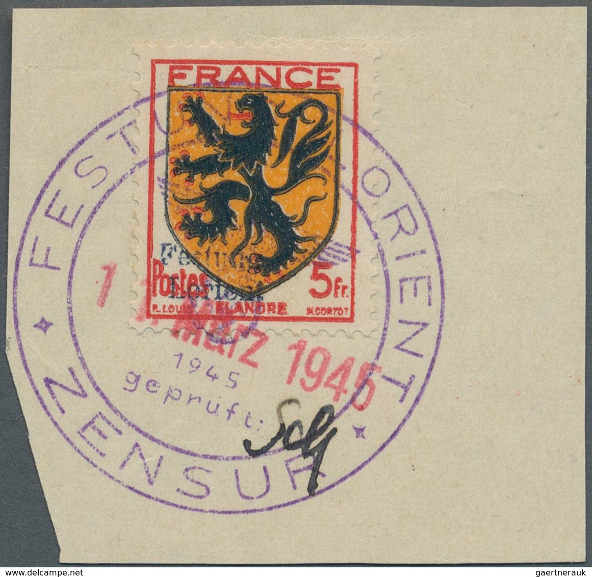 Dt. Besetzung II WK - Frankreich - Festung Lorient: 1945, 5 Fr Freimarkenausgabe "Provinzwappen: Lor - Occupation 1938-45