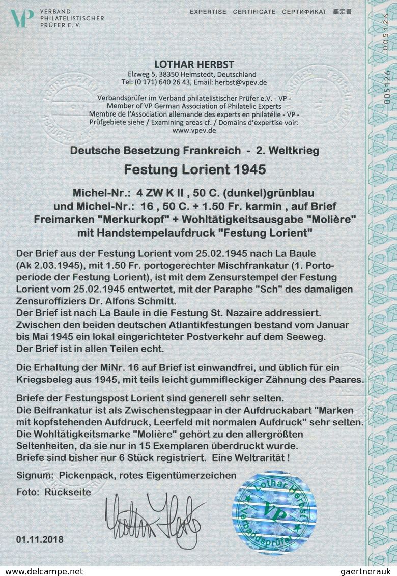 Dt. Besetzung II WK - Frankreich - Festung Lorient: 1945, 50 C Grünblau Freimarke "Merkurkopf", Waag - Besetzungen 1938-45