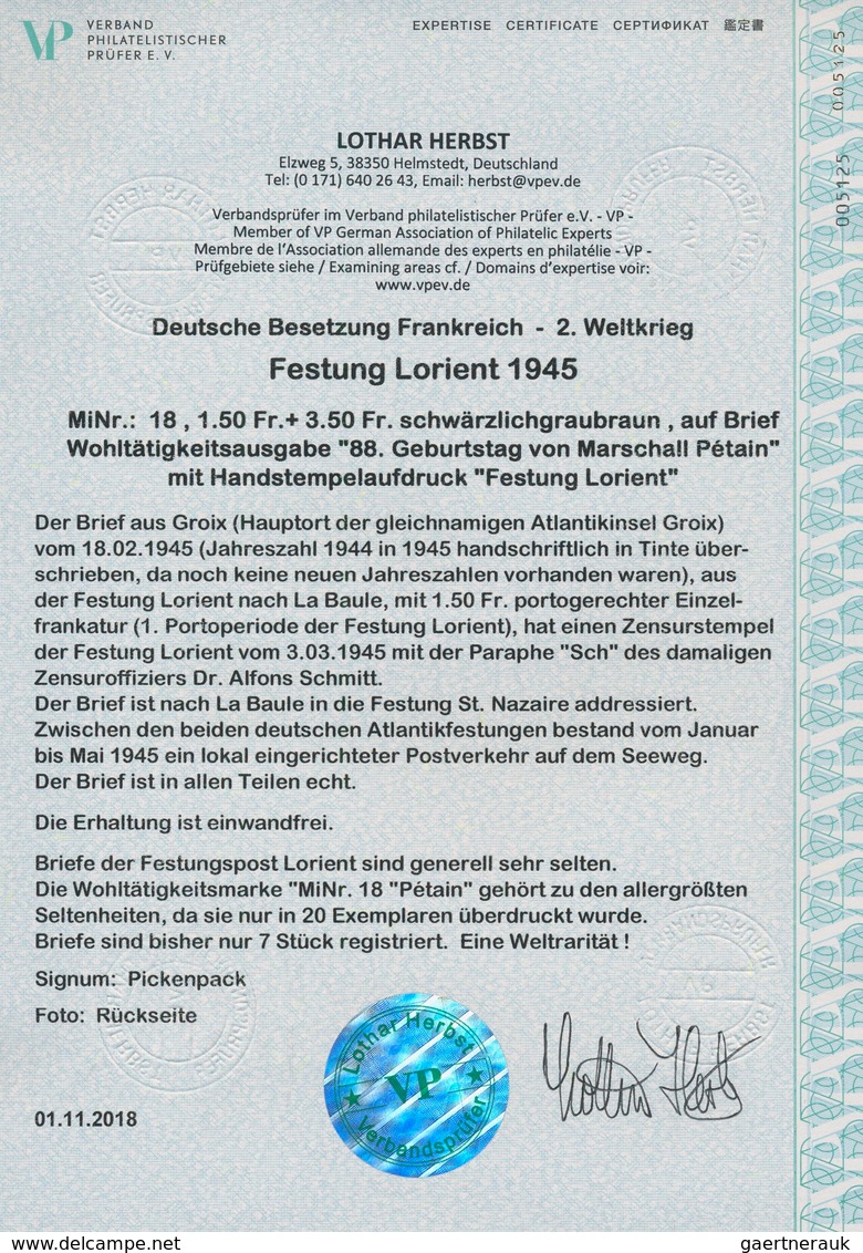 Dt. Besetzung II WK - Frankreich - Festung Lorient: 1945, 1,50 Fr + 3,50 Fr Schwärzlichgraubaun, "Ma - Occupation 1938-45