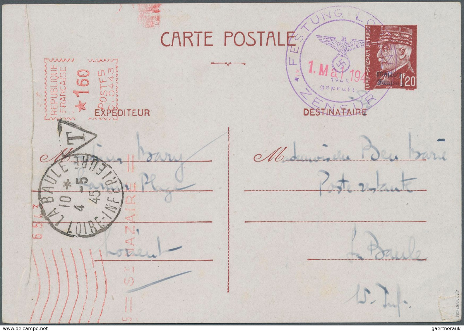 Dt. Besetzung II WK - Frankreich - Festung Lorient - Ganzsachen: 1945, Postkarte 1,20 Fr. Lebhaftrot - Besetzungen 1938-45