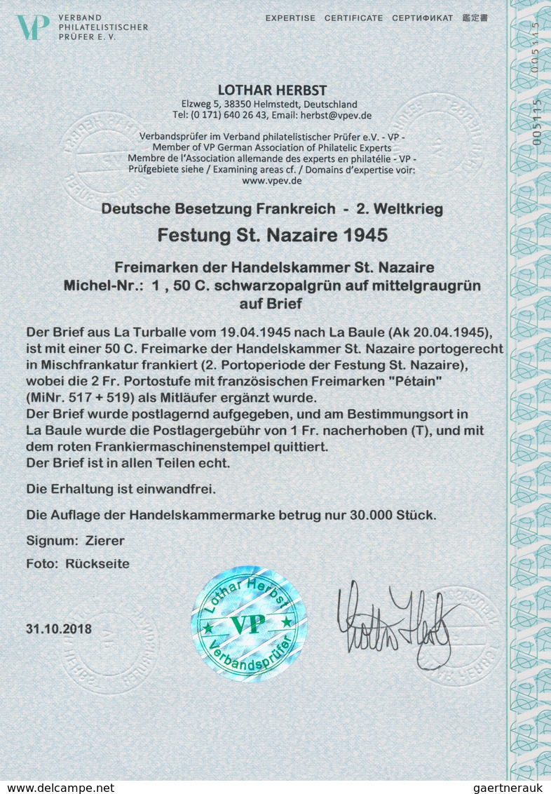 Dt. Besetzung II WK - Frankreich - St. Nazaire: 1945, 50 C Schwarzopalgrün Auf Mittelgraugrün, Zusam - Occupation 1938-45