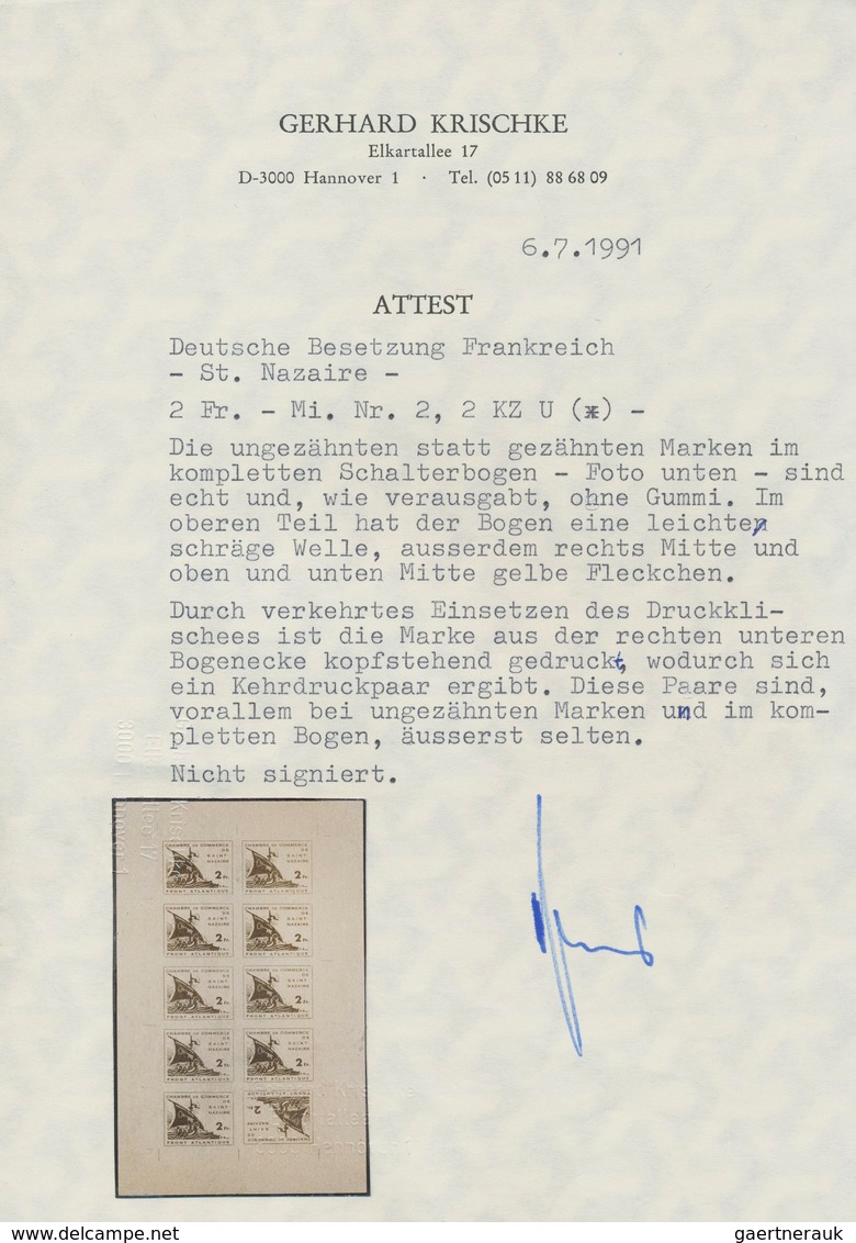 Dt. Besetzung II WK - Frankreich - St. Nazaire: 1945, 2 Fr Dunkellilabraun Auf Mittelgraugrün, Kompl - Occupation 1938-45