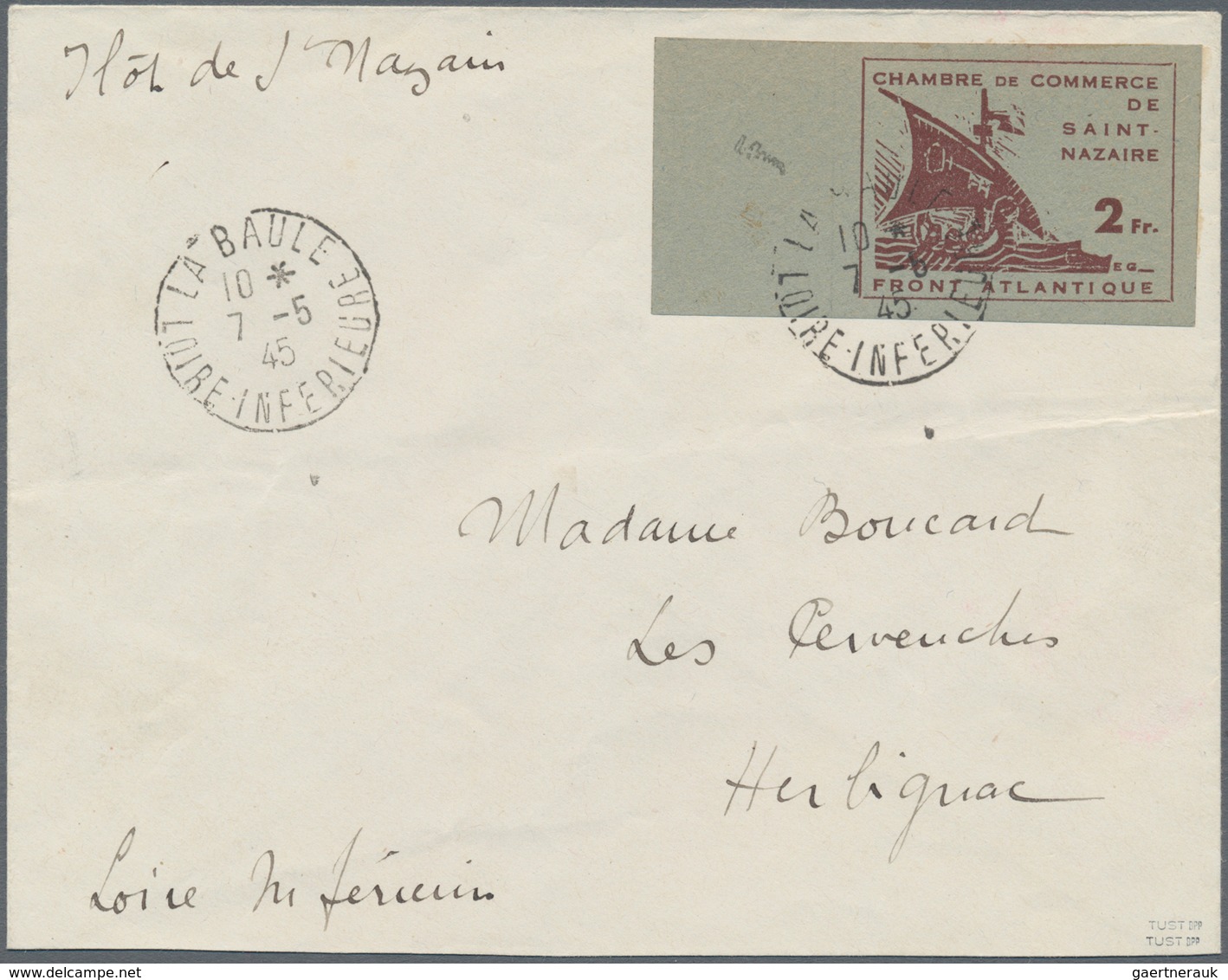 Dt. Besetzung II WK - Frankreich - St. Nazaire: 1945, 2 Fr Dkl'lilabraun Auf Mittelgraugrün, UNGEZÄH - Occupazione 1938 – 45