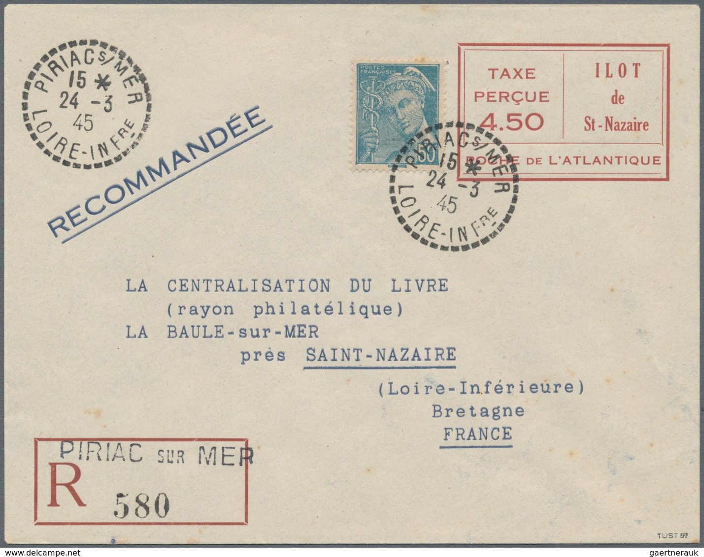 Dt. Besetzung II WK - Frankreich - St. Nazaire - Ganzsachen: 1945, "TAXE PERCU 4,50 Francs" Dunkelro - Besetzungen 1938-45