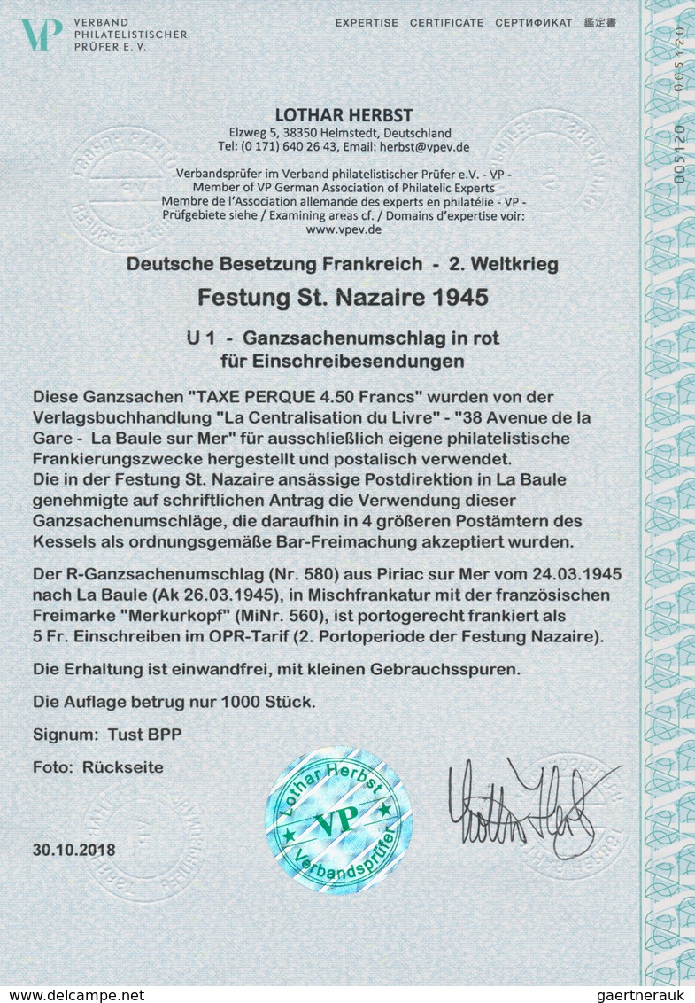 Dt. Besetzung II WK - Frankreich - St. Nazaire - Ganzsachen: 1945, "TAXE PERCU 4,50 Francs" Dunkelro - Besetzungen 1938-45