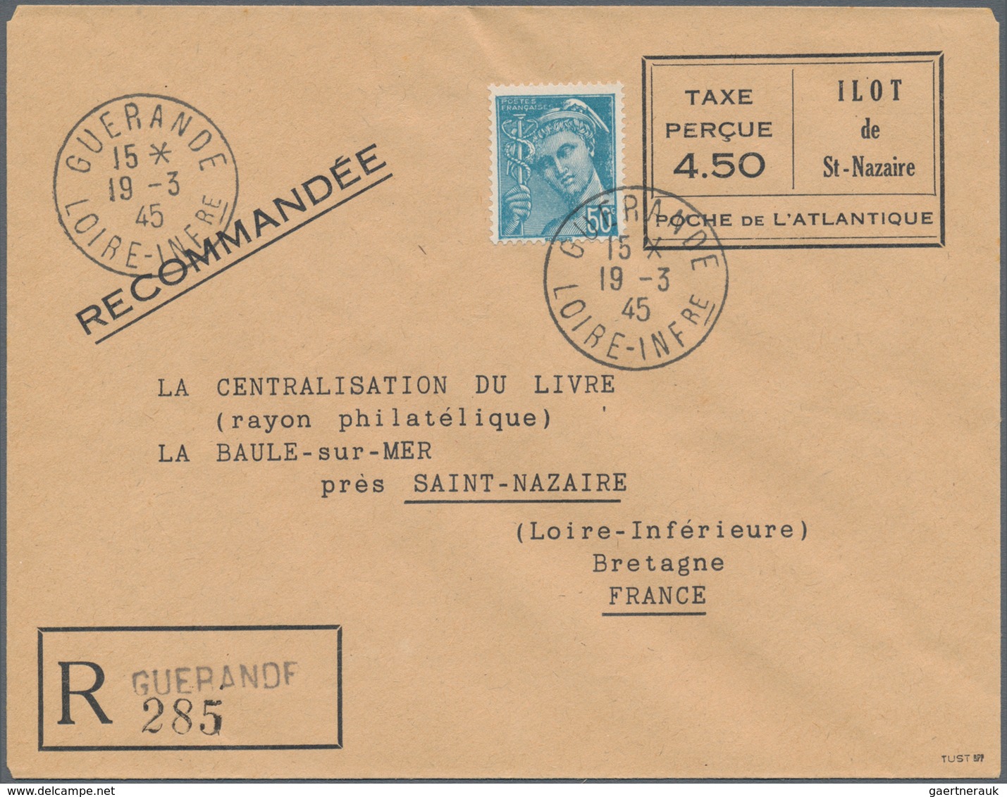 Dt. Besetzung II WK - Frankreich - St. Nazaire - Ganzsachen: 1945, "TAXE PERCU 4,50 Francs" Schwarz - Occupation 1938-45