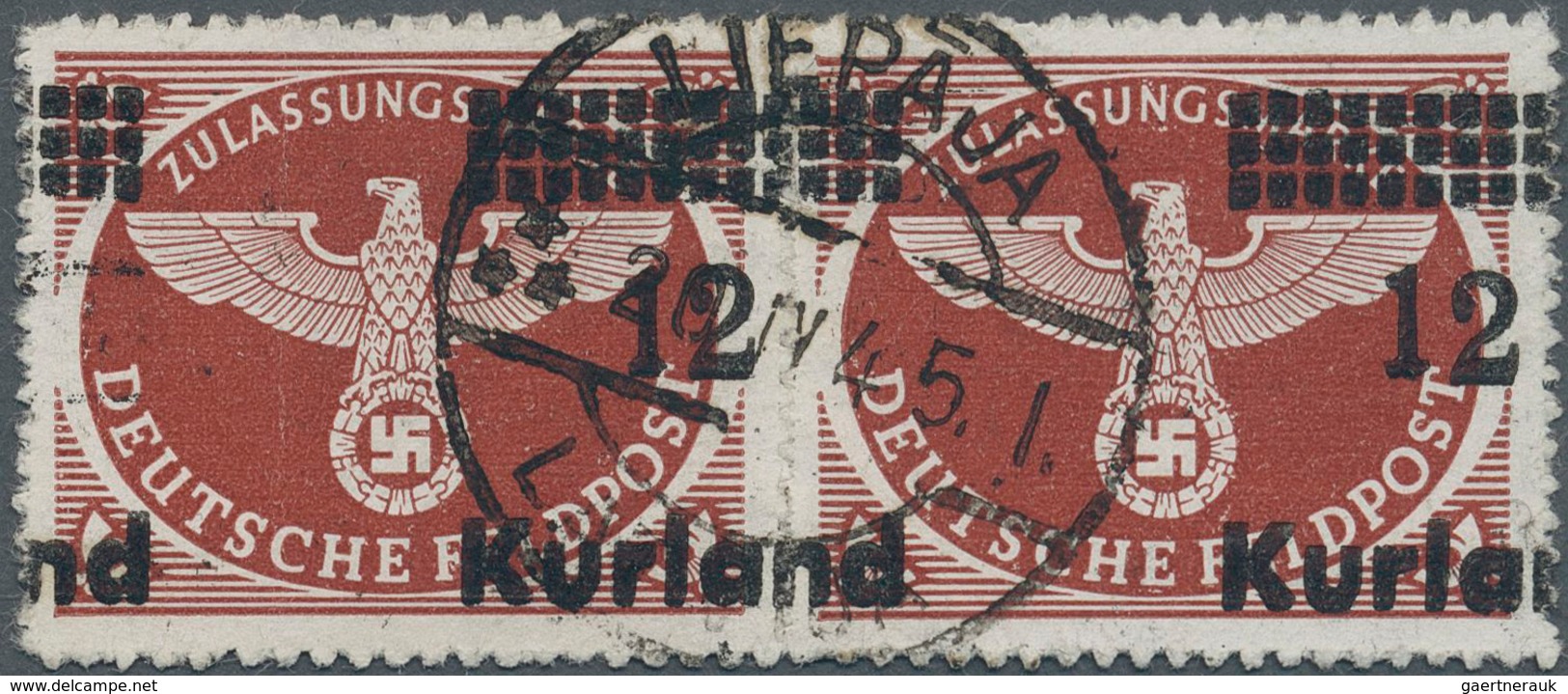 Dt. Besetzung II WK - Kurland: 1945, 12 Auf (-) Zulassungsmarke, Durchstochen, Waagerechtes Paar, Au - Ocupación 1938 – 45