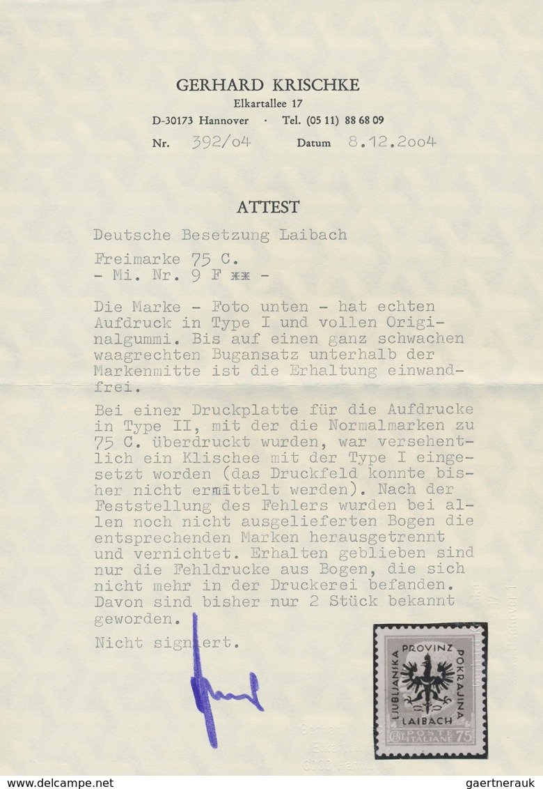 Dt. Besetzung II WK - Laibach: 1944, 75 C Schwärzlichrosa Mit Aufdruck In Type I Statt Type II, Post - Occupation 1938-45