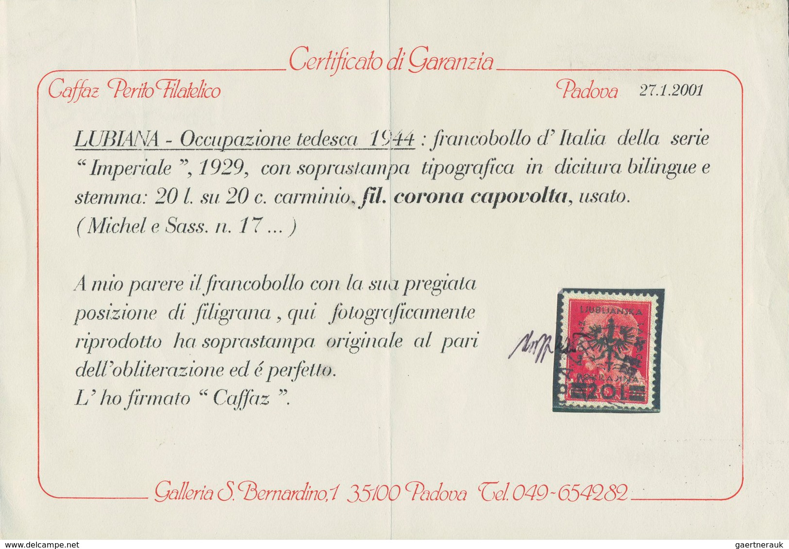 Dt. Besetzung II WK - Laibach: 1944, 20 L Auf 20 C Rot, Aufdruck II Schwarzgrün, Mit KOPFSTEHENDEM W - Besetzungen 1938-45