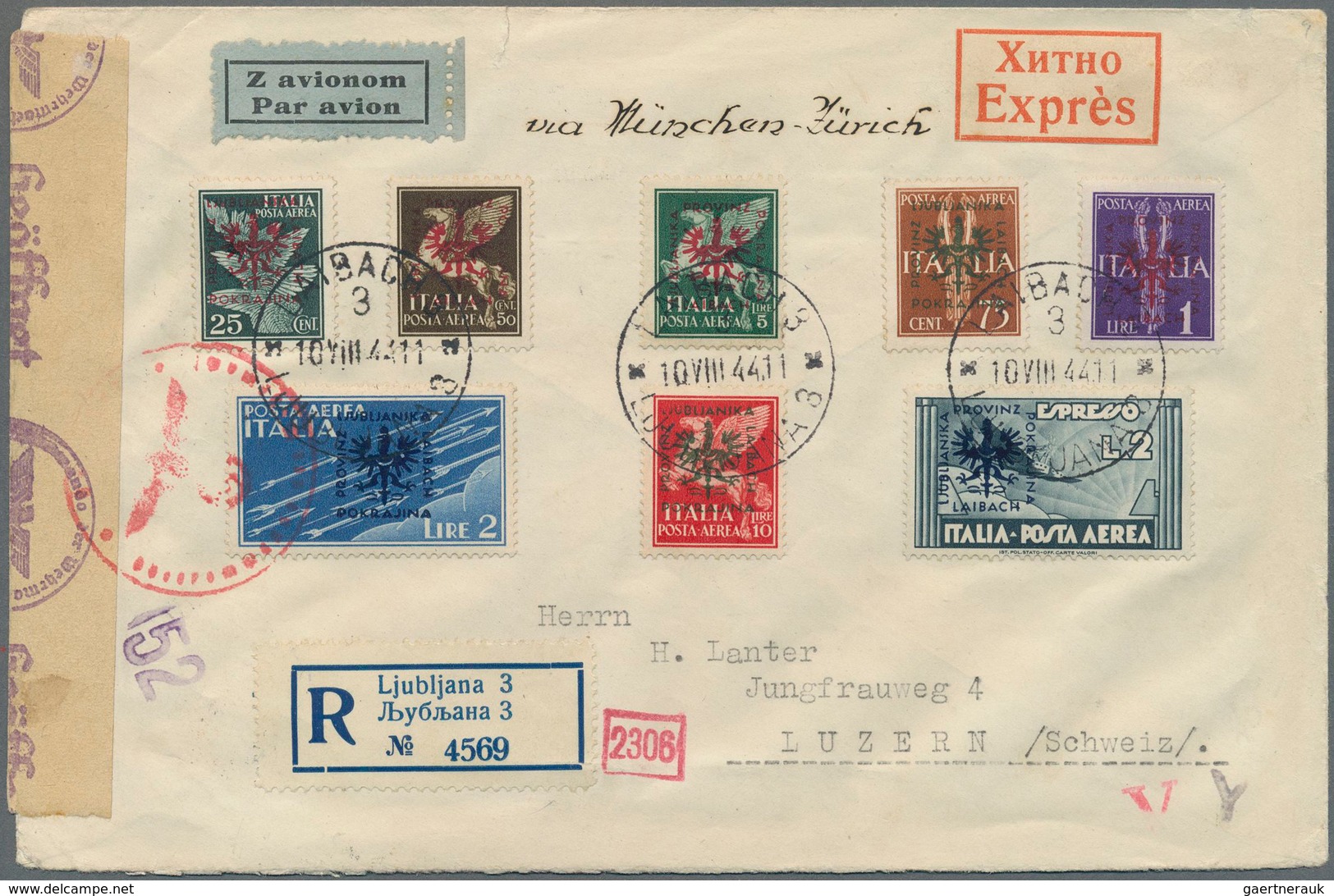 Dt. Besetzung II WK - Laibach: 1944, 25 C Bis 10 Lire Flugpostmarken Und 2 Lire Flugpost-Eilmarke, 8 - Occupazione 1938 – 45