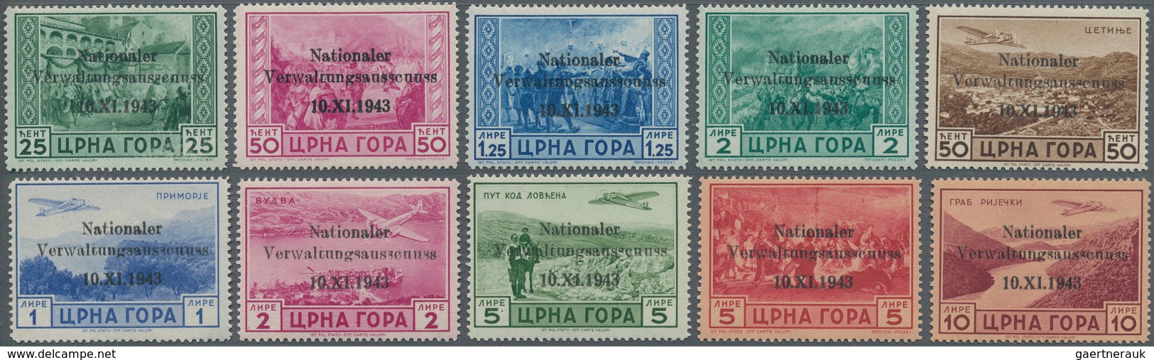 Dt. Besetzung II WK - Montenegro: 1943, 25 C Bis 5 L Freimarken Und 50 C - 10 L Flugpostmarken, Komp - Besetzungen 1938-45