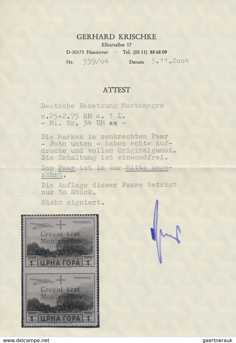 Dt. Besetzung II WK - Montenegro: 1944, 0,25 + 2,75 RM Auf 1 L Ultramarin "Rotes Kreuz", Senkrechtes - Besetzungen 1938-45