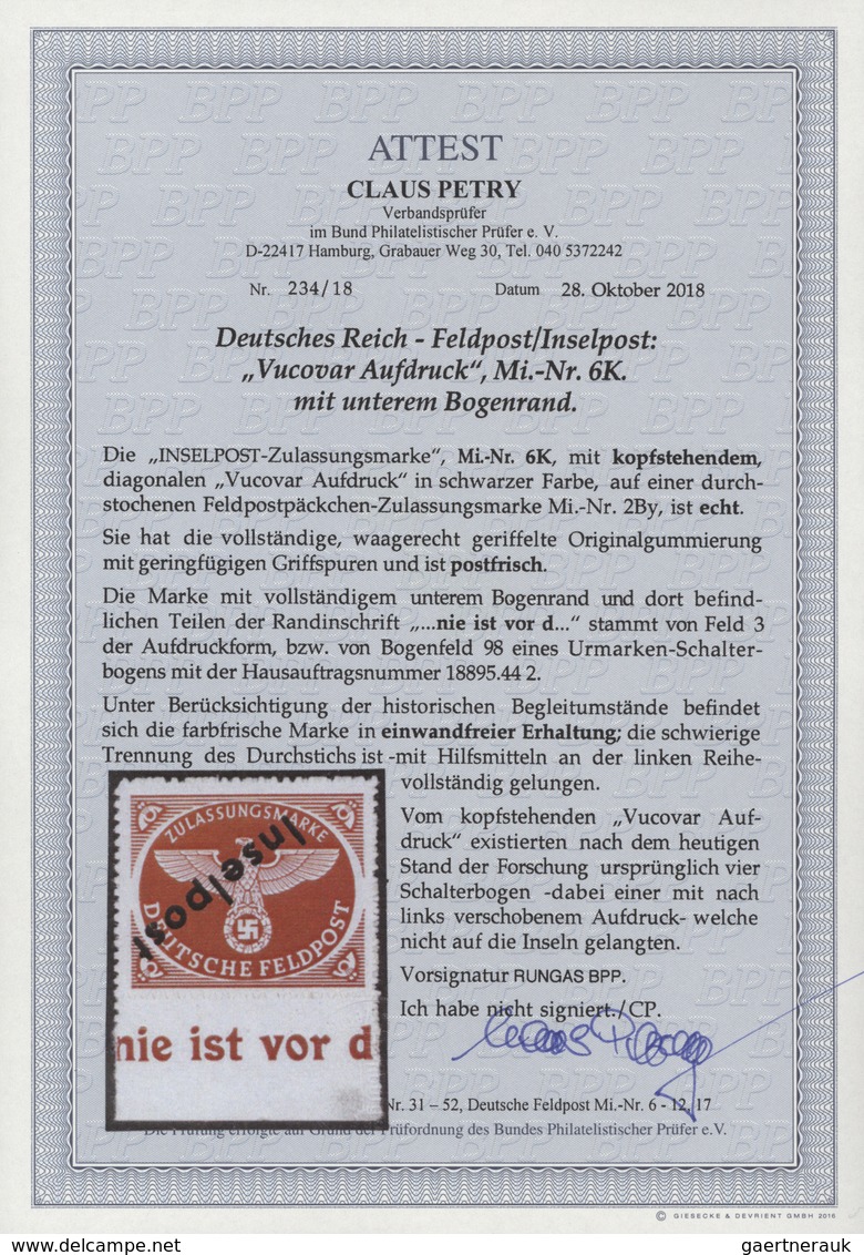 Feldpostmarken: 1944, Vucovar Zulassungsmarke Mit KOPFSTEHENDEM Diagonalen Schwarzen Aufdruck "Insel - Autres & Non Classés