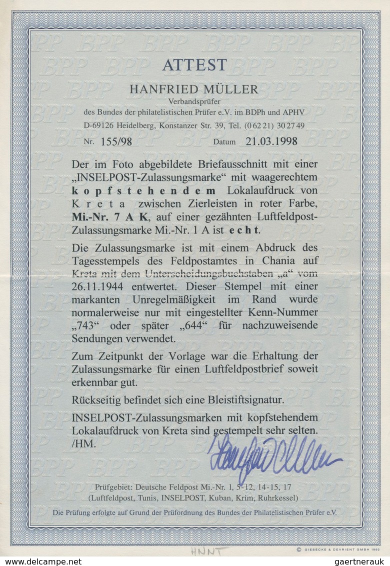 Feldpostmarken: 1944, Insel Kreta, INSELPOST-Zulassungsmarke Mit KOPFSTEHENDEM Roten Aufdruck, Entwe - Other & Unclassified