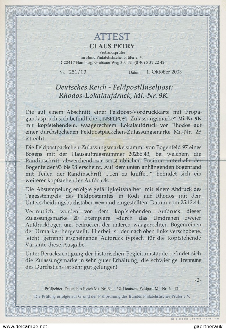 Feldpostmarken: 1944, Insel Rhodos, Inselpost-Zulassungsmarke, Durchstochen, Mit KOPFSTEHENDEM Aufdr - Sonstige & Ohne Zuordnung