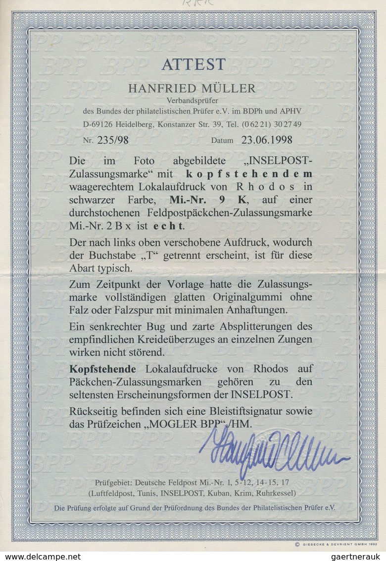 Feldpostmarken: 1944, Insel Rhodos, Inselpost-Zulassungsmarke, Durchstochen, Mit KOPFSTEHENDEM Aufdr - Other & Unclassified