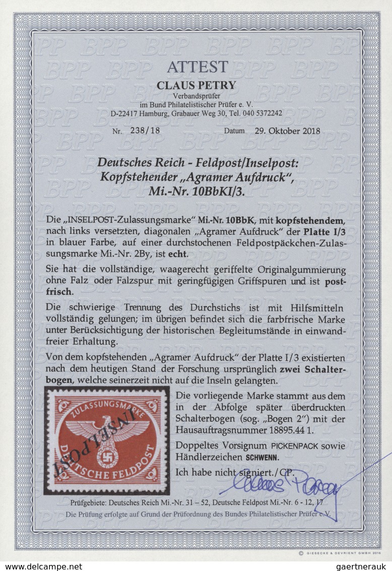 Feldpostmarken: 1944, Insel-Ausgabe Agramer-Aufdruck, Mit KOPFSTEHENDEM Diagonalem Aufdruck "INSELPO - Autres & Non Classés