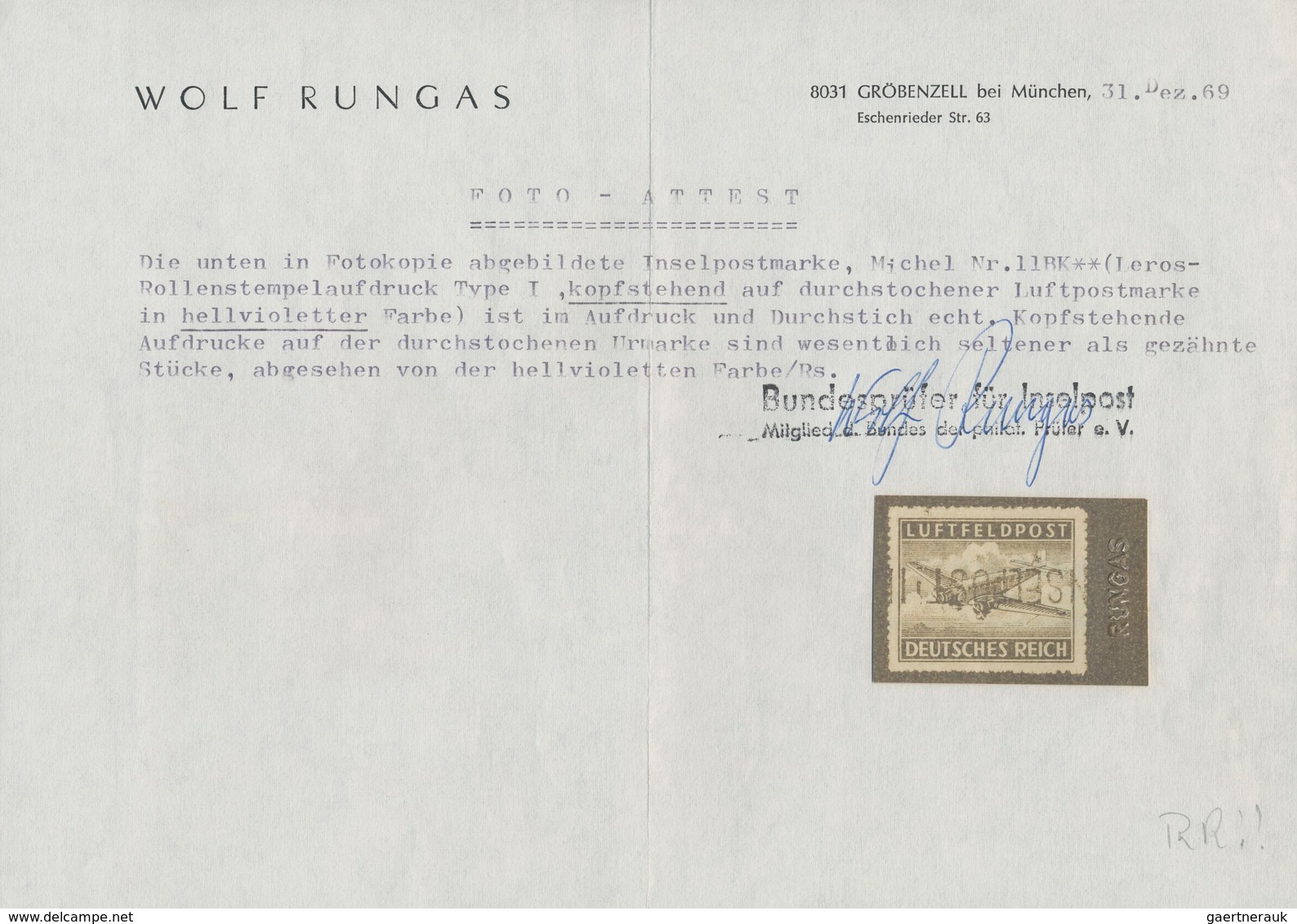 Feldpostmarken: 1944, Insel Leros, Inselpost-Zulassungsmarke, Durchstochen, Mit KOPFSTEHENDEM Hellvi - Other & Unclassified