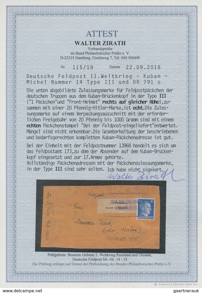 Feldpostmarken: 1943, Kuban Zulassungsmarke "1 Päckchen / Front - Heimat", Type III (Zeilen Rechtsbü - Autres & Non Classés