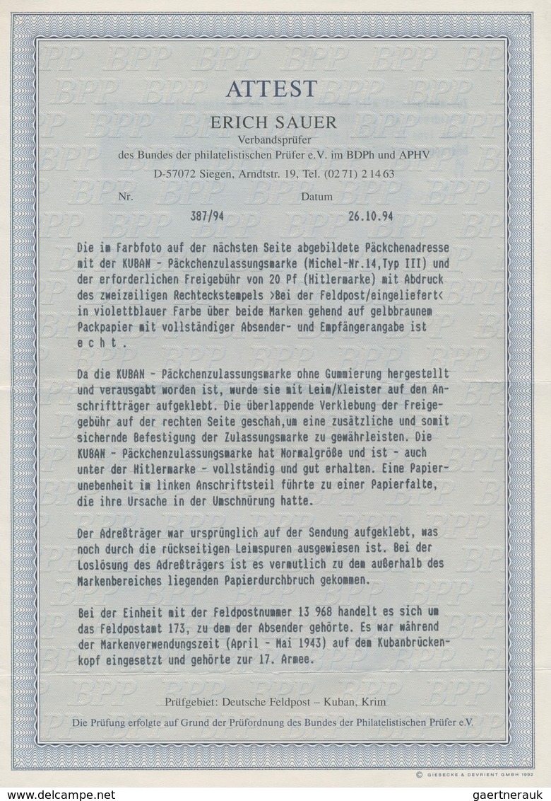 Feldpostmarken: 1943, Kuban Zulassungsmarke "1 Päckchen / Front - Heimat", Type III (Zeilen Rechtsbü - Other & Unclassified