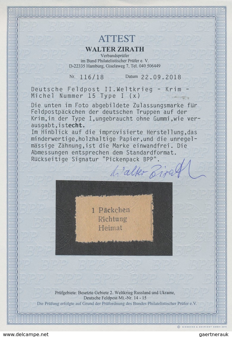 Feldpostmarken: 1943, Krim-Zulassungsmarke "1 Päckchen / Richtung / Heimat", Type I, Ungebraucht Wie - Other & Unclassified