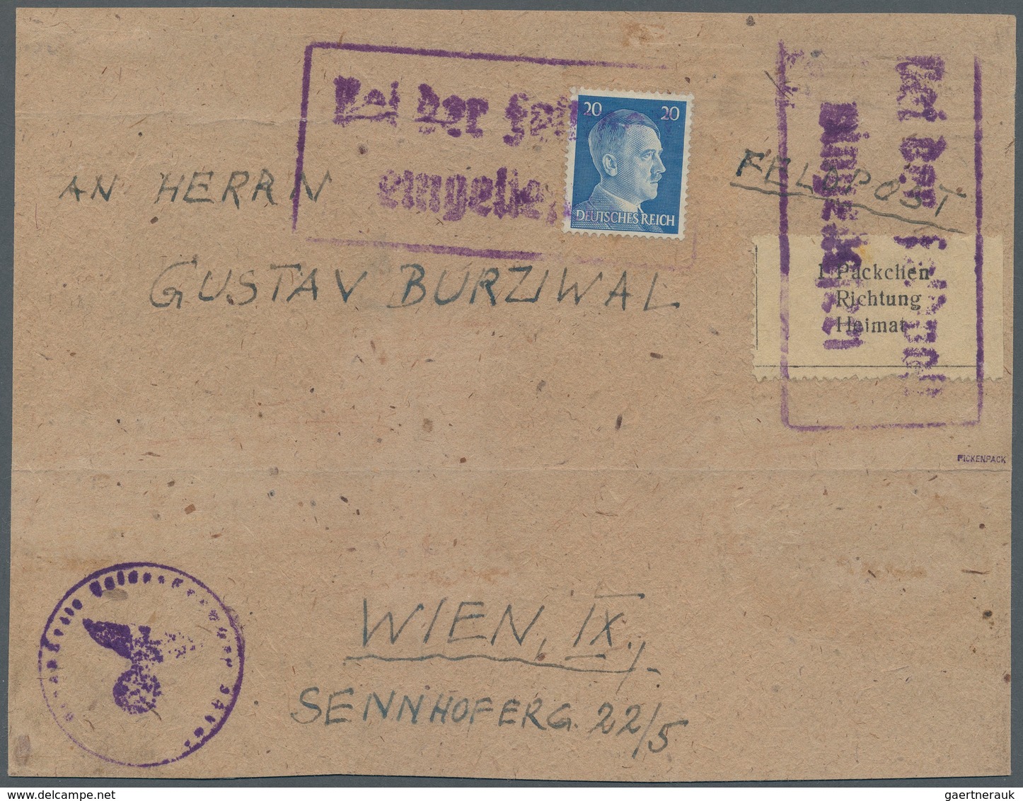 Feldpostmarken: 1943, Krim-Zulassungsmarke "1 Päckchen / Richtung / Heimat", Type I, Vom Rechten Bog - Sonstige & Ohne Zuordnung