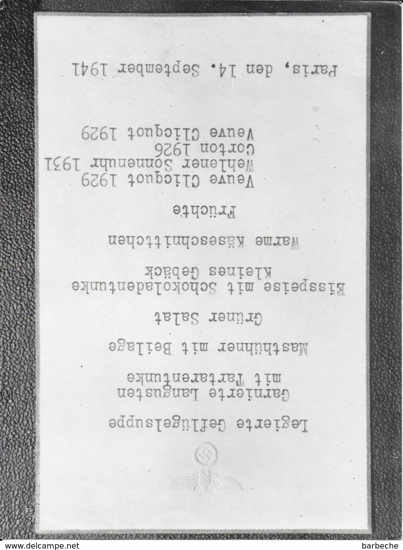 MENU ALLEMAND Du 14 Septembre 1941  à PARIS  18X22  Cm - Documenti Storici