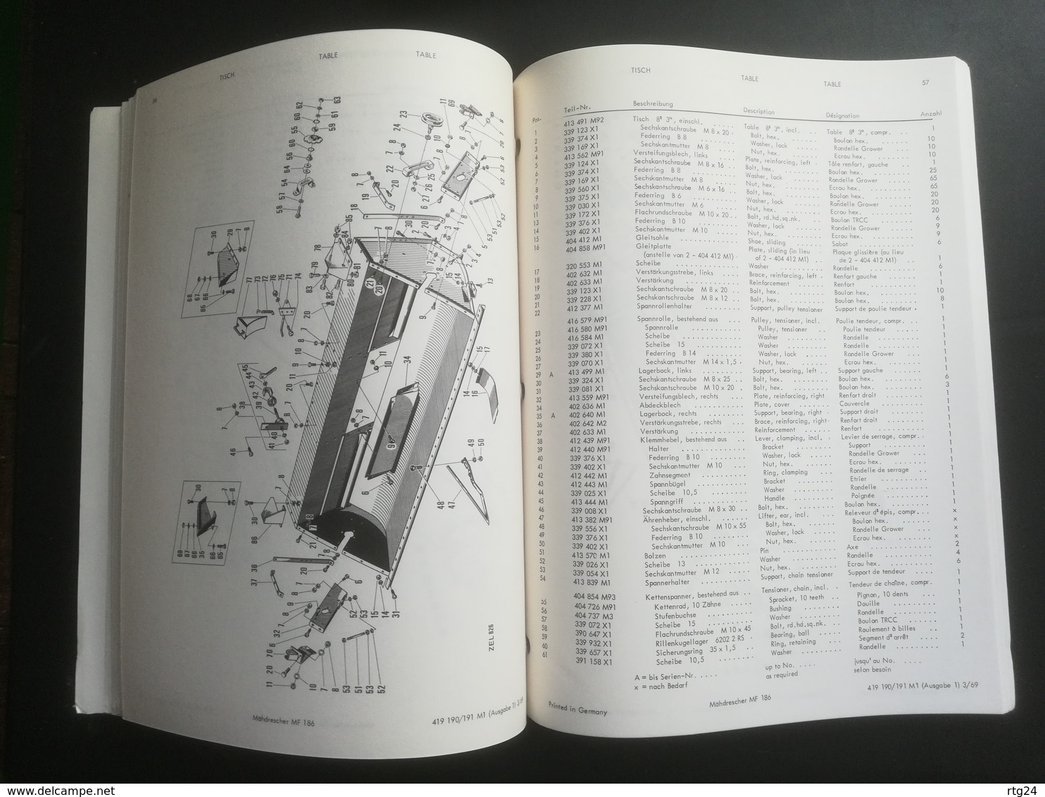 MASSEY - FERGUSON .MOISSONNEUSE-BATTEUSE  . TYPE MF 186.CATALOGUE PIECES DE RECHANGE DE 1969. TRES BON ETAT.