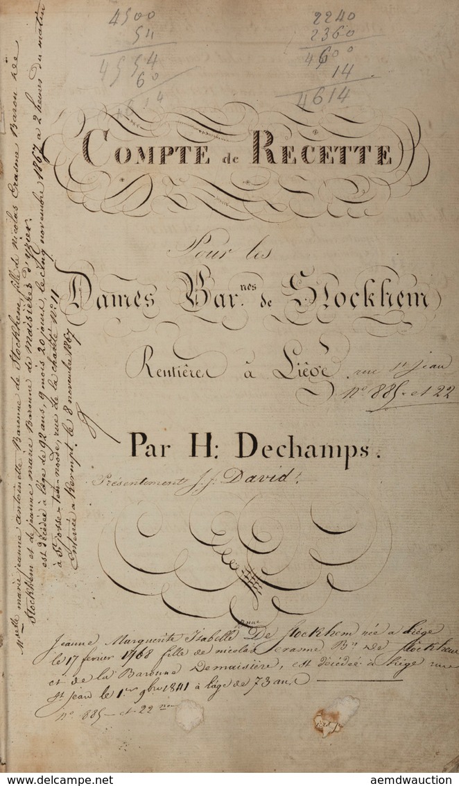 [MANUSCRIT] [de STOCKHEM] H. DECHAMPS - Compte De Recette Pour Les - Manuscrits