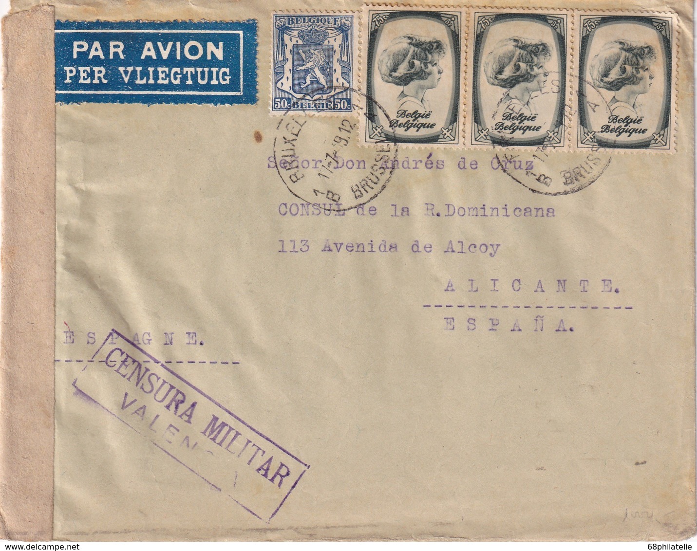 BELGIQUE 1939 PLI AERIEN DE BRUXELLES POUR ALICANTE CENSURE MILITAIRE DE VALENCIA - Covers & Documents