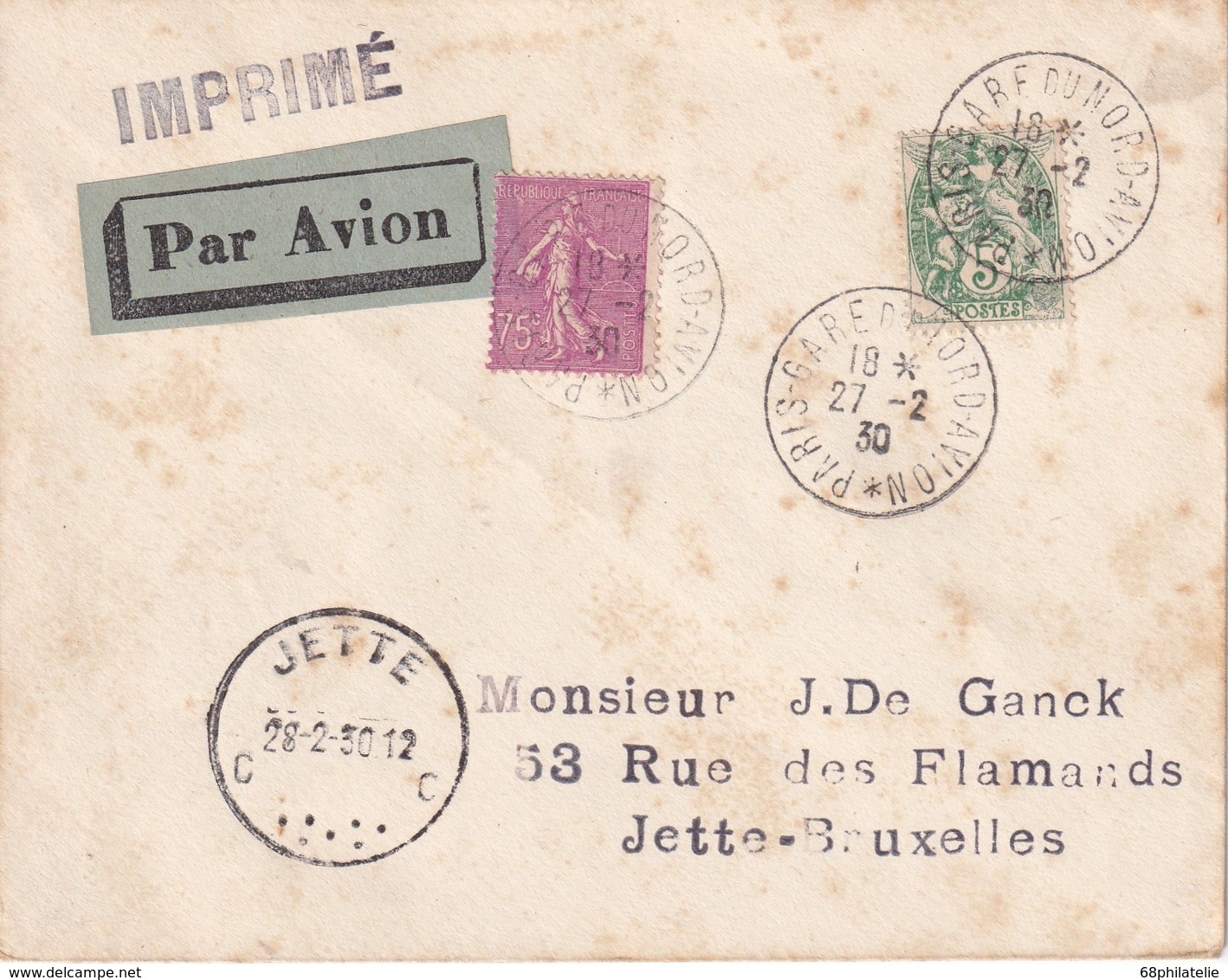 FRANCE 1930 PLI AERIEN DE PARIS POUR JETTE-BRUXELLES - 1921-1960: Période Moderne