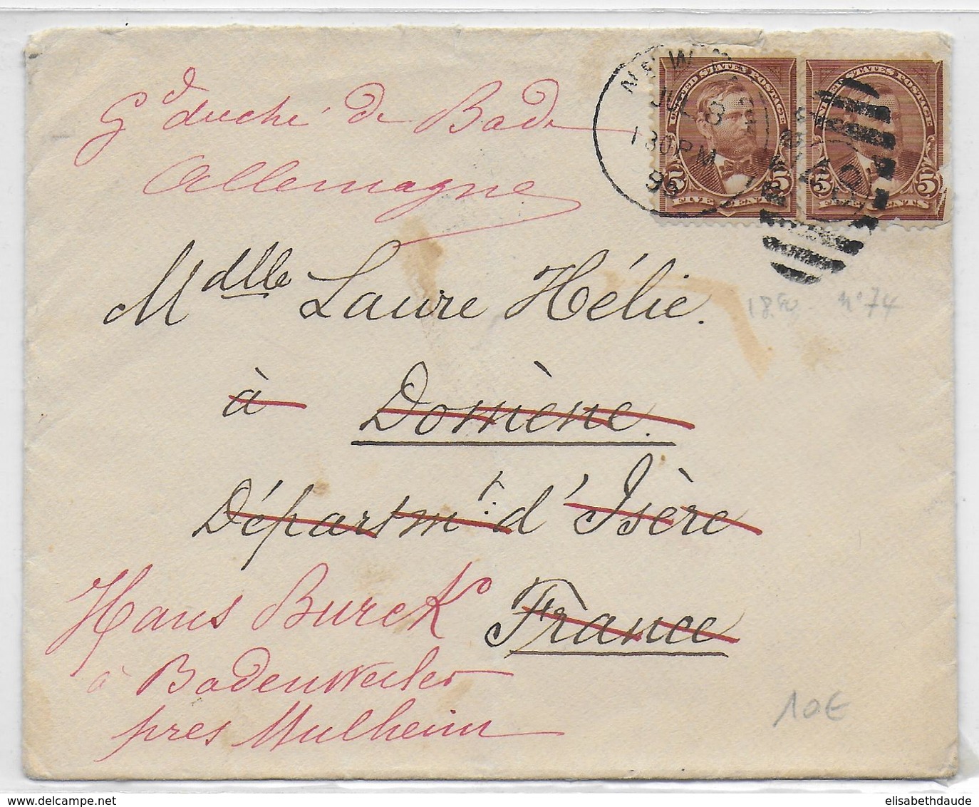 USA - 1895 - YT 74 En PAIRE Sur LETTRE => DOMENE (ISERE) REEXPEDIEE => BADENWEILER (BADEN) - Cartas & Documentos