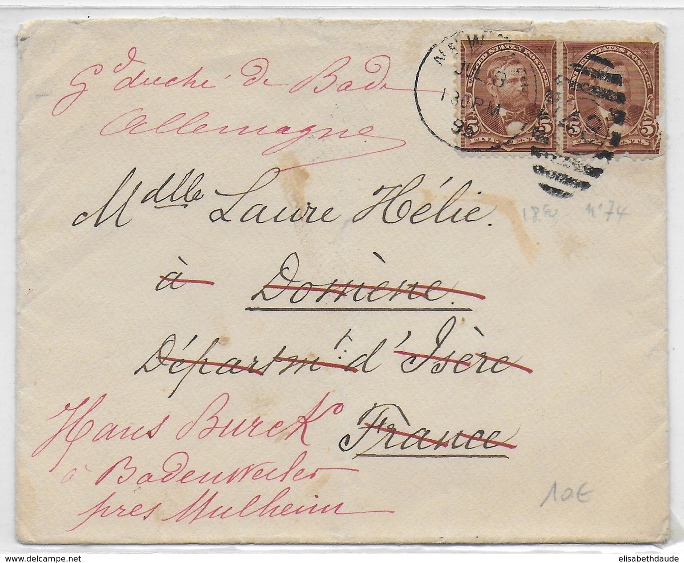 USA - 1895 - YT 74 En PAIRE Sur LETTRE => DOMENE (ISERE) REEXPEDIEE => BADENWEILER (BADEN) - Covers & Documents