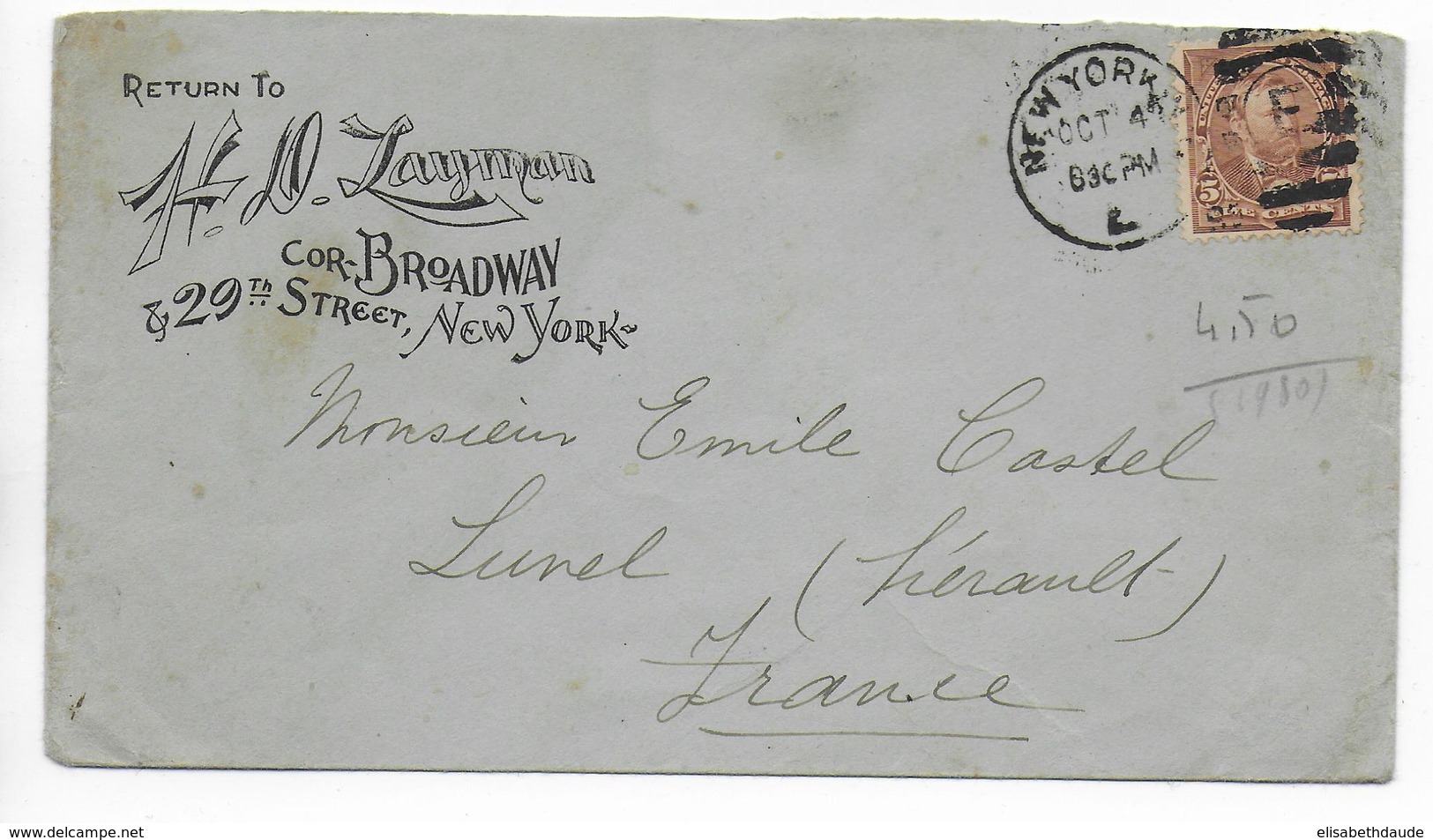 USA - 1896 - YT 74  Sur LETTRE DECOREE De NEW YORK => LUNEL (HERAULT) - Storia Postale