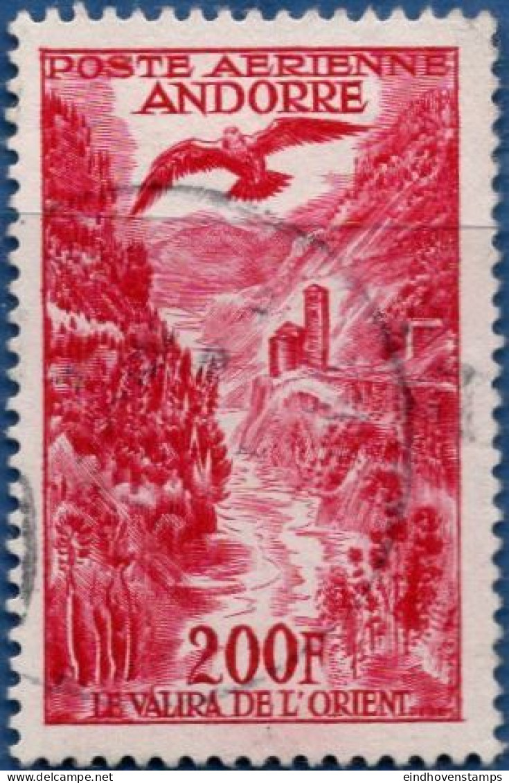 Andorra 1955  Airmail 200 Fr Red Valliratel 1 Value Cancelled - Oblitérés