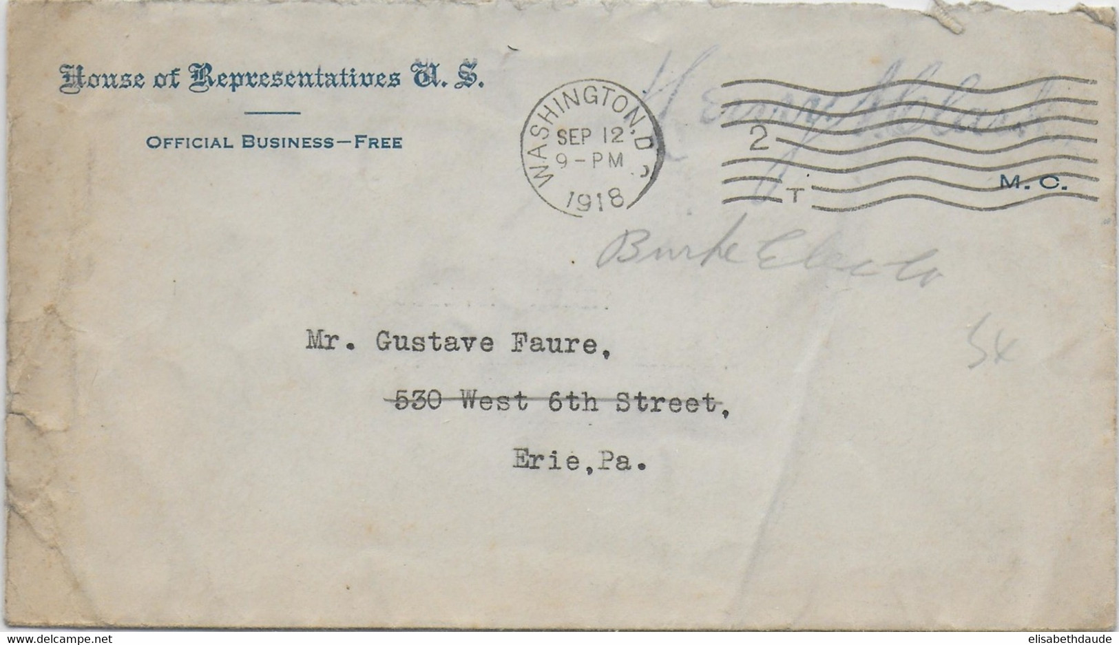 USA - 1918 - ENVELOPPE En FRANCHISE De La "HOUSE OF REPRESENTATIVES US" à WASHINGTON - Brieven En Documenten