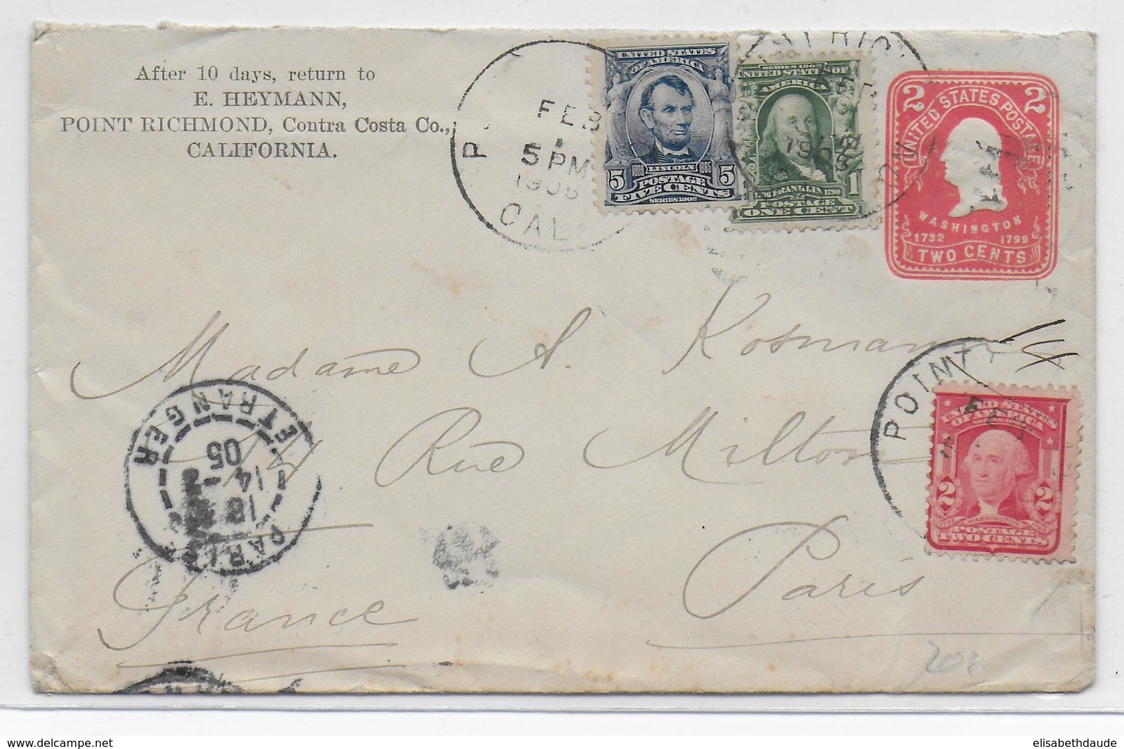 USA - 1905 - ENVELOPPE ENTIER Avec COMPLEMENT De POINT RICHMOND (CALIFORNIA) => PARIS - Covers & Documents