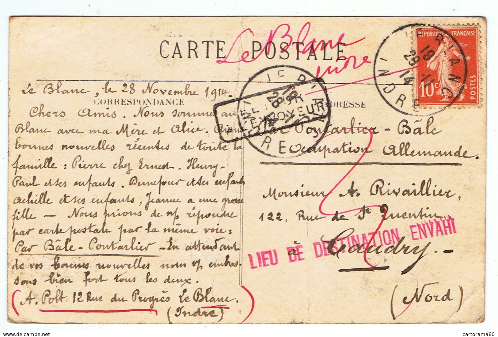 Caudry 1914 / " Lieu De Destination Envahi ", Sur CPA Le Blanc ( Indre ) - 1. Weltkrieg 1914-1918