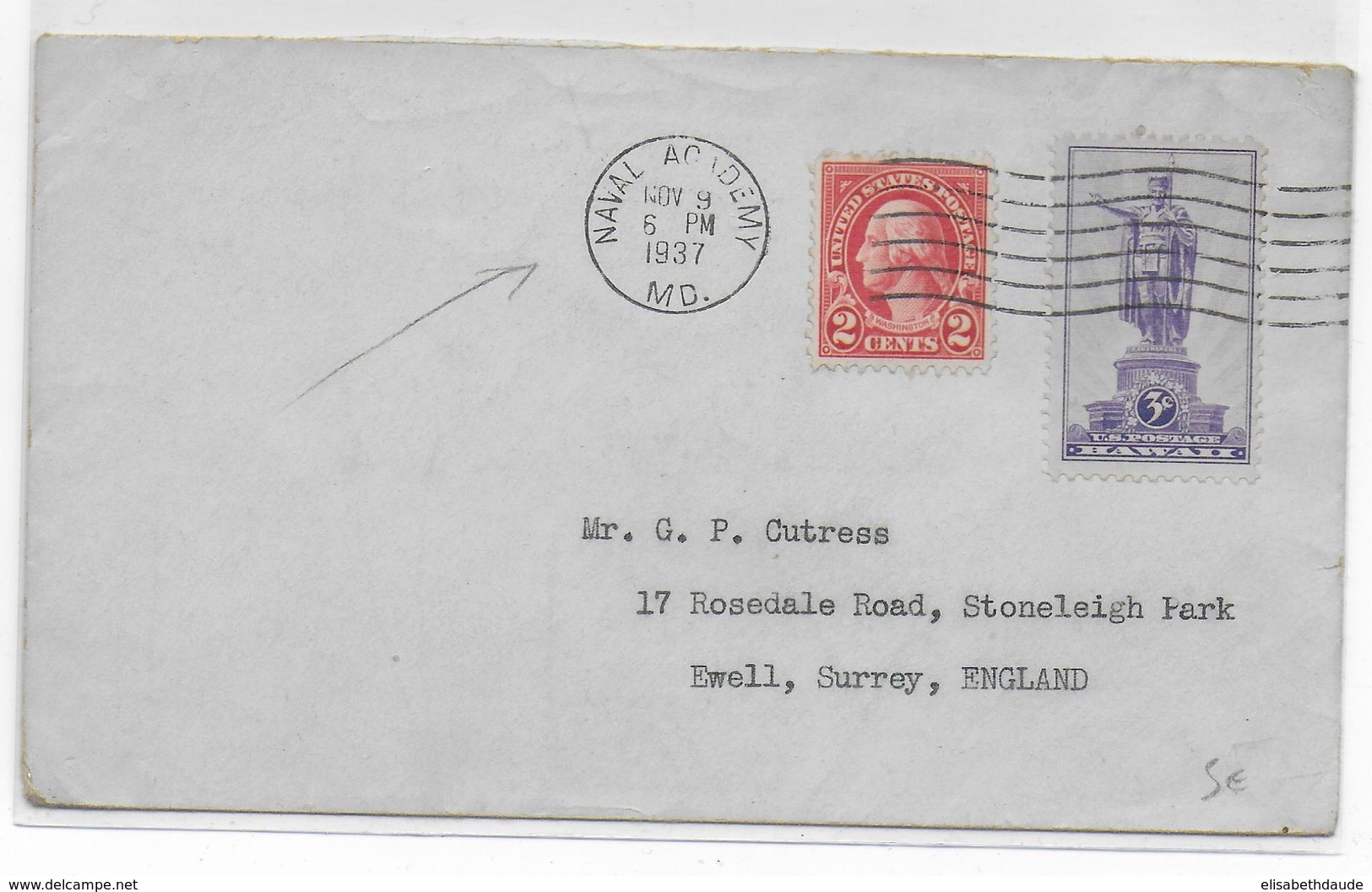 USA - NAVAL - 1937 - ENVELOPPE Avec CACHET De La NAVAL ACADEMY à ANNAPOLIS => EWELL (ENGLAND) - Postal History