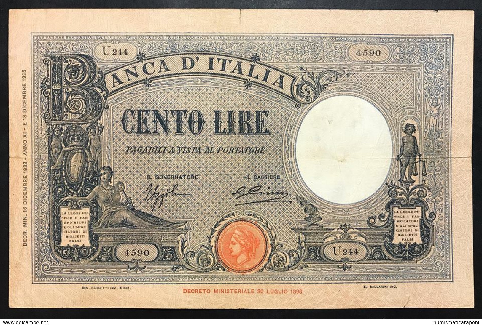 100 Lire Azzurrino 16 12 1932 Pressata Taglietti   LOTTO 2408 - 100 Liras