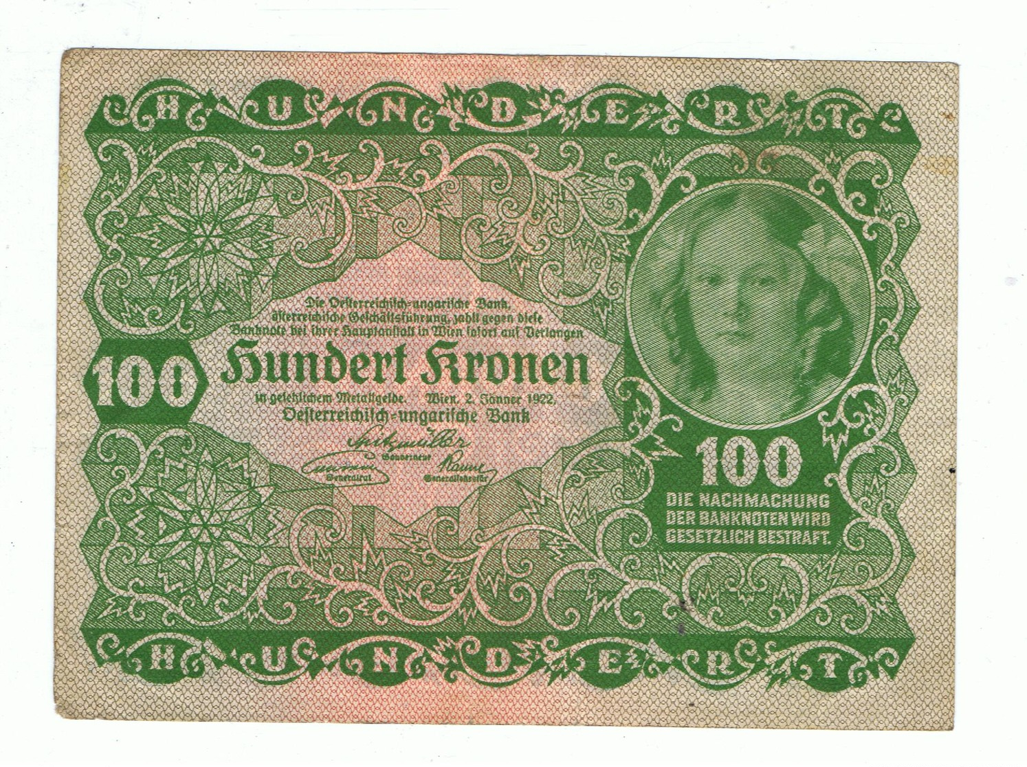 AUSTRIA»100 KRONEN»1922 FIRST ISSUE»PICK-77»VF CONDITION»CIRCULATED - Autriche