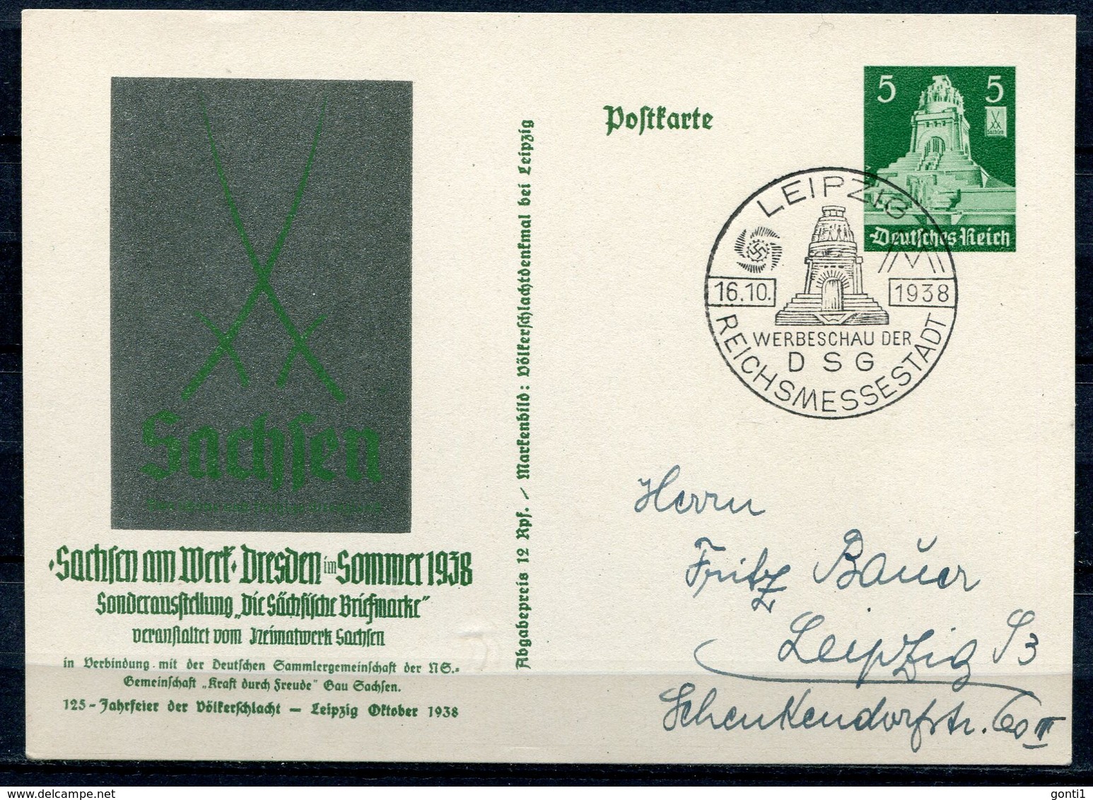 German Empires,DR 1938 Ganzsache Mi.Nr.P269"SACHSEN Am Werk "mit SST"Leipzig-Reichsmessestadt "1 GS Used - Briefe U. Dokumente