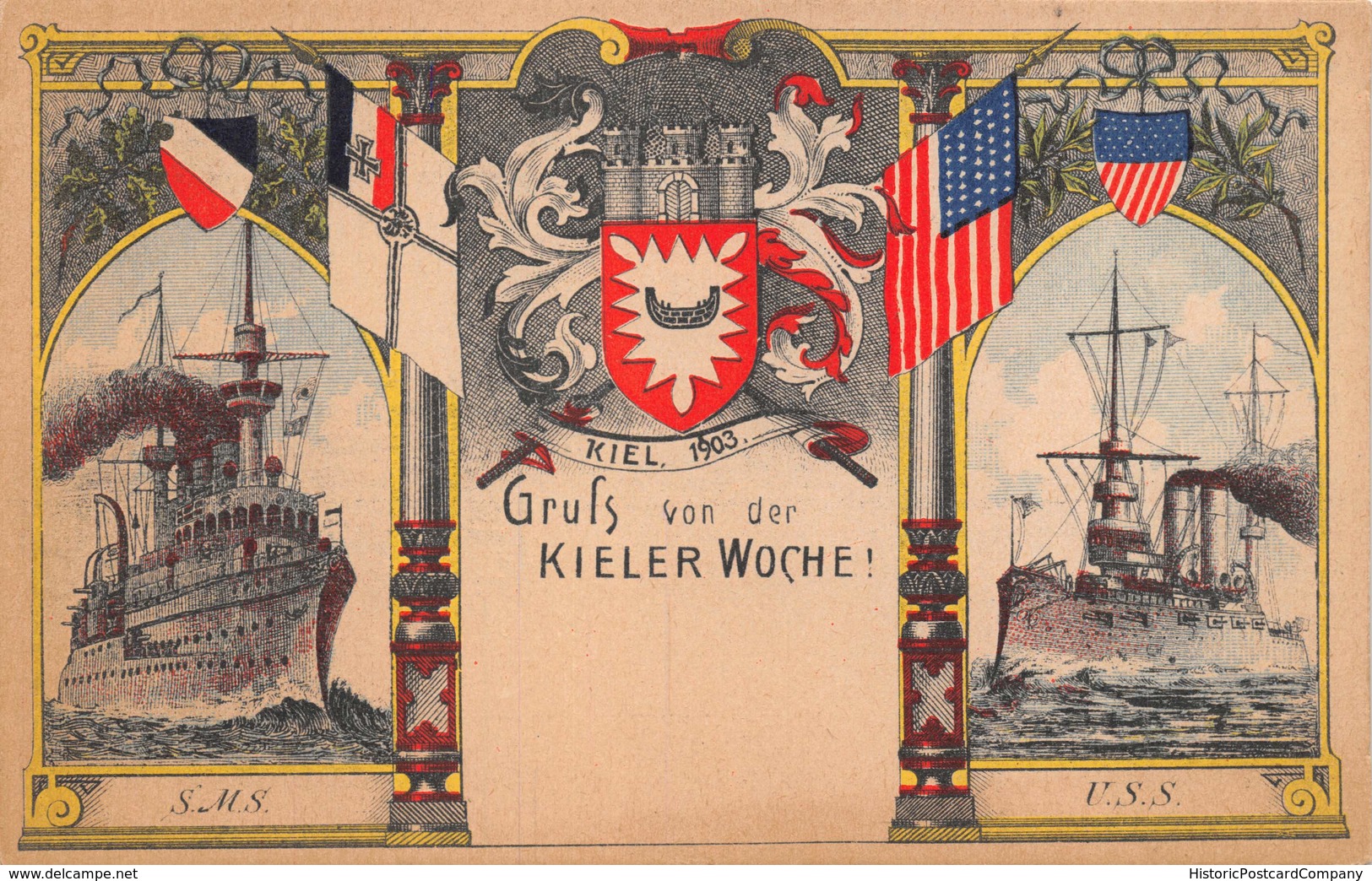 KIEL GERMANY~GRUSS Von Der KIELER WOCHE! S.M.S. & U.S.S. WAR SHIPS 1900s POSTCARD  39344 - Kiel