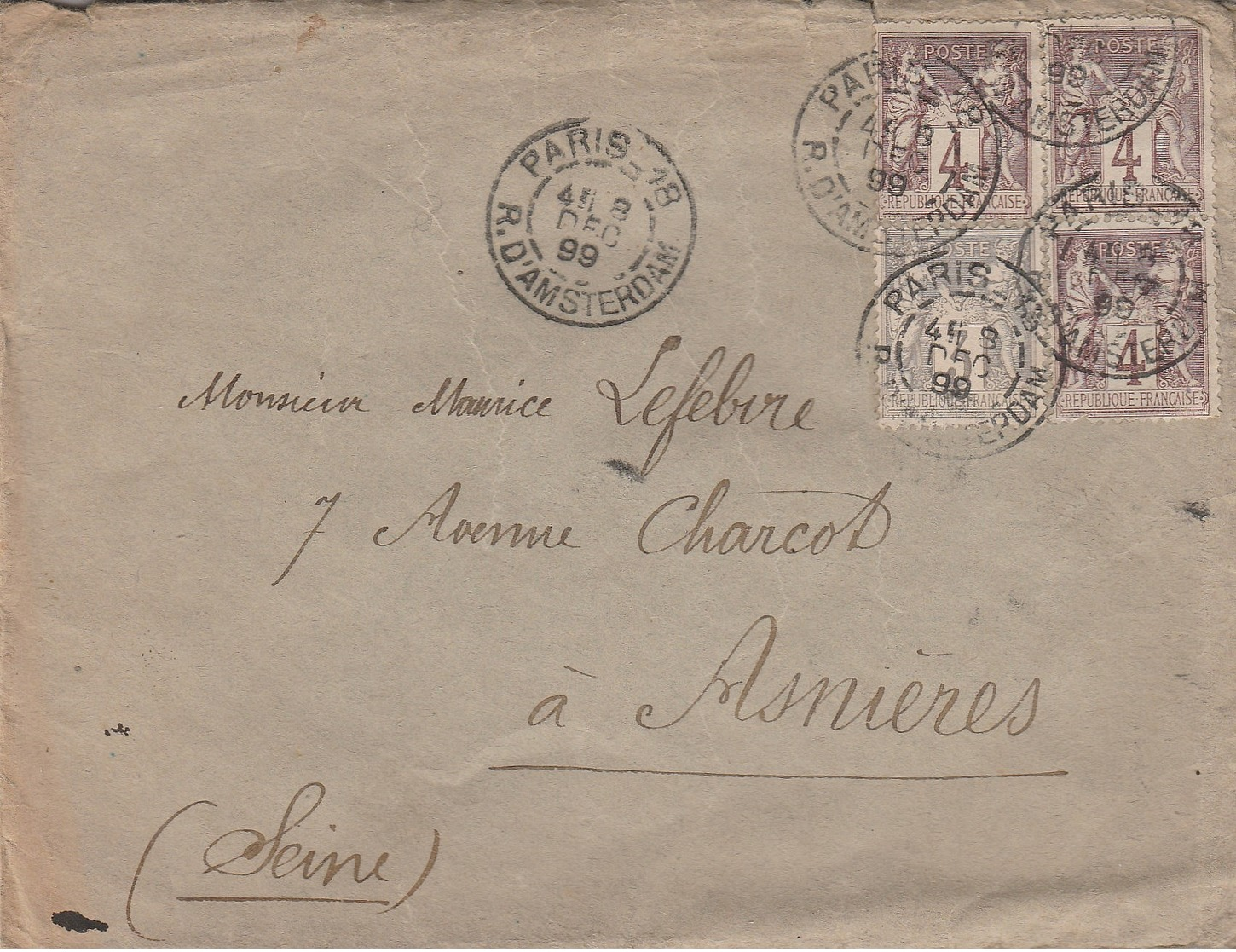 LSC 1899 - Cachet PARIS 18 Rue D'Amsterdam Sur Timbres Type Sage - YT 87 & YT 88 (x3) - Au Dos Cachet ASNIERES (Seine) - 1877-1920: Période Semi Moderne