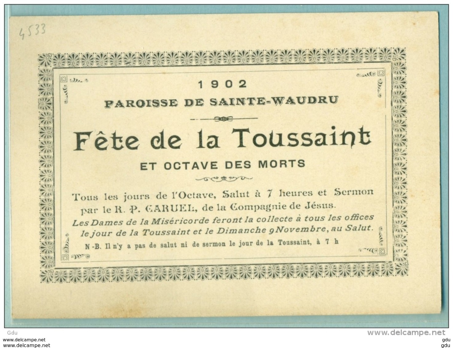 Mons " Ste-Waudru 1902 Programme Fête De La Toussaint " Pas CP - Mons