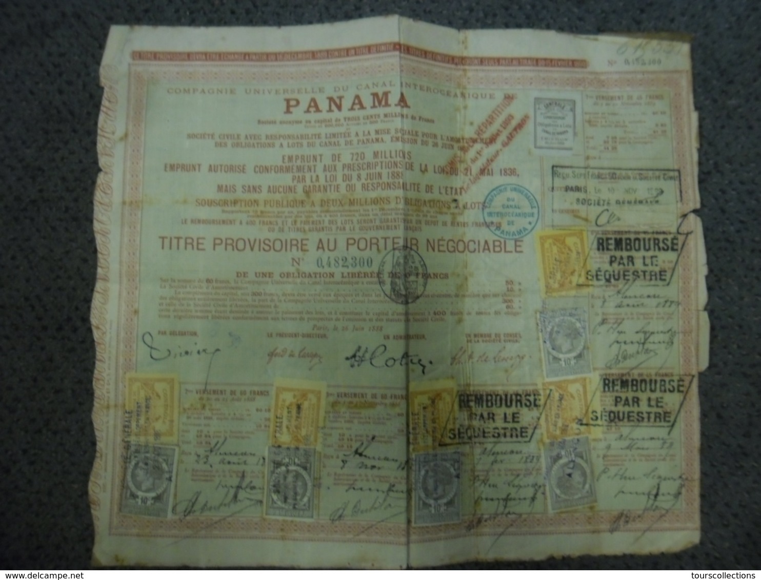 ACTION De 60 F De 1889 CANAL INTEROCEANIQUE De PANAMA COMPAGNIE UNIVERSELLE - Timbres Cachet Remboursé Par Le Sequestre - Navegación